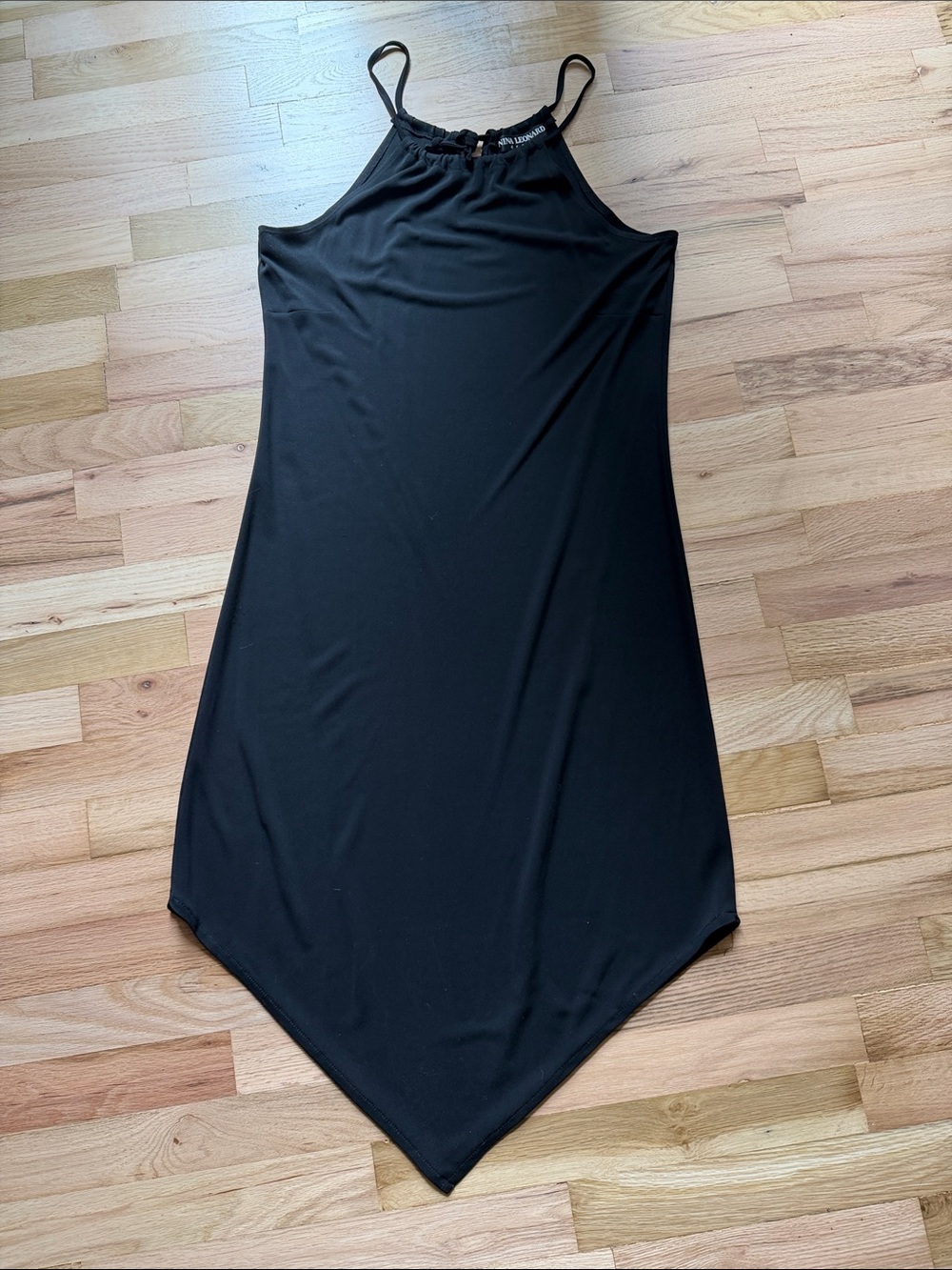 Nina Leonard Black Asymmetrical Handkerchief Hem Dress